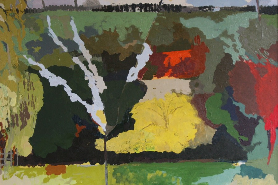 Painting of landscape with strong yellow bush and white tree in foreground