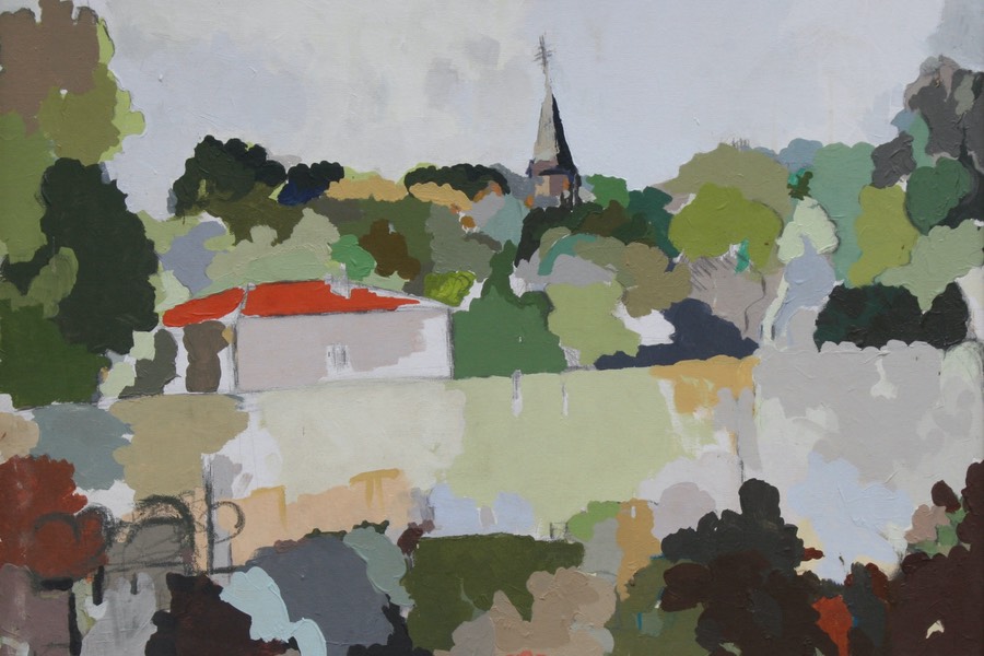 Painting of a town setting with church steeple