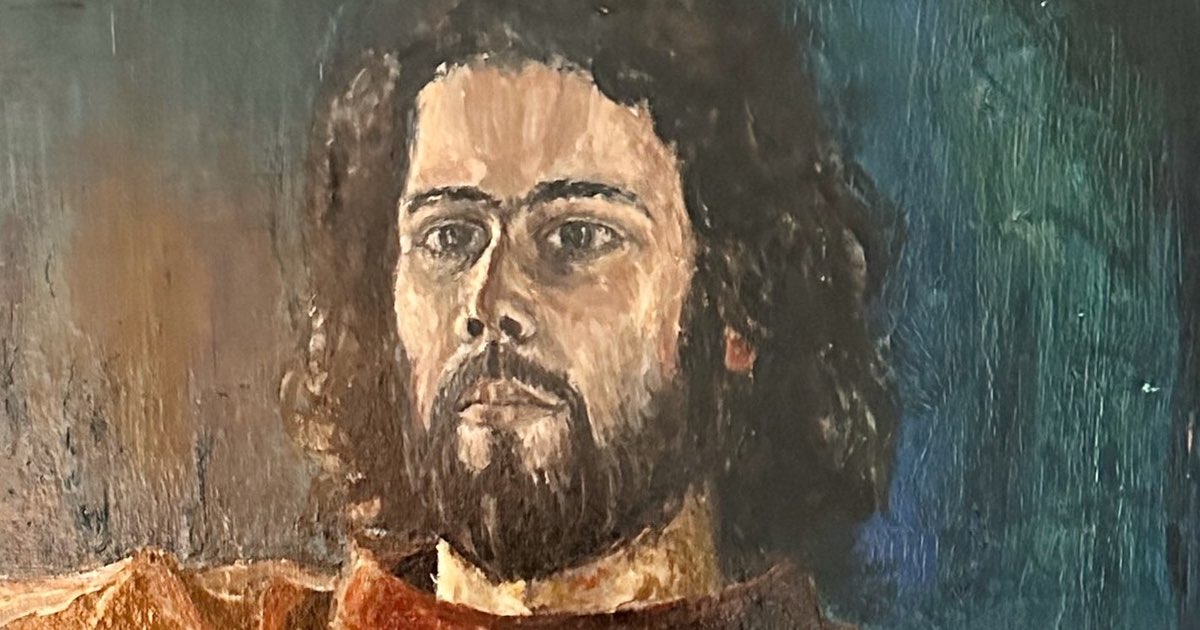 Paiting of the artist with medium-length curly hair, a beard, and a solemn expression. He wears a brown garment, and the background features blended dark and light blue strokes