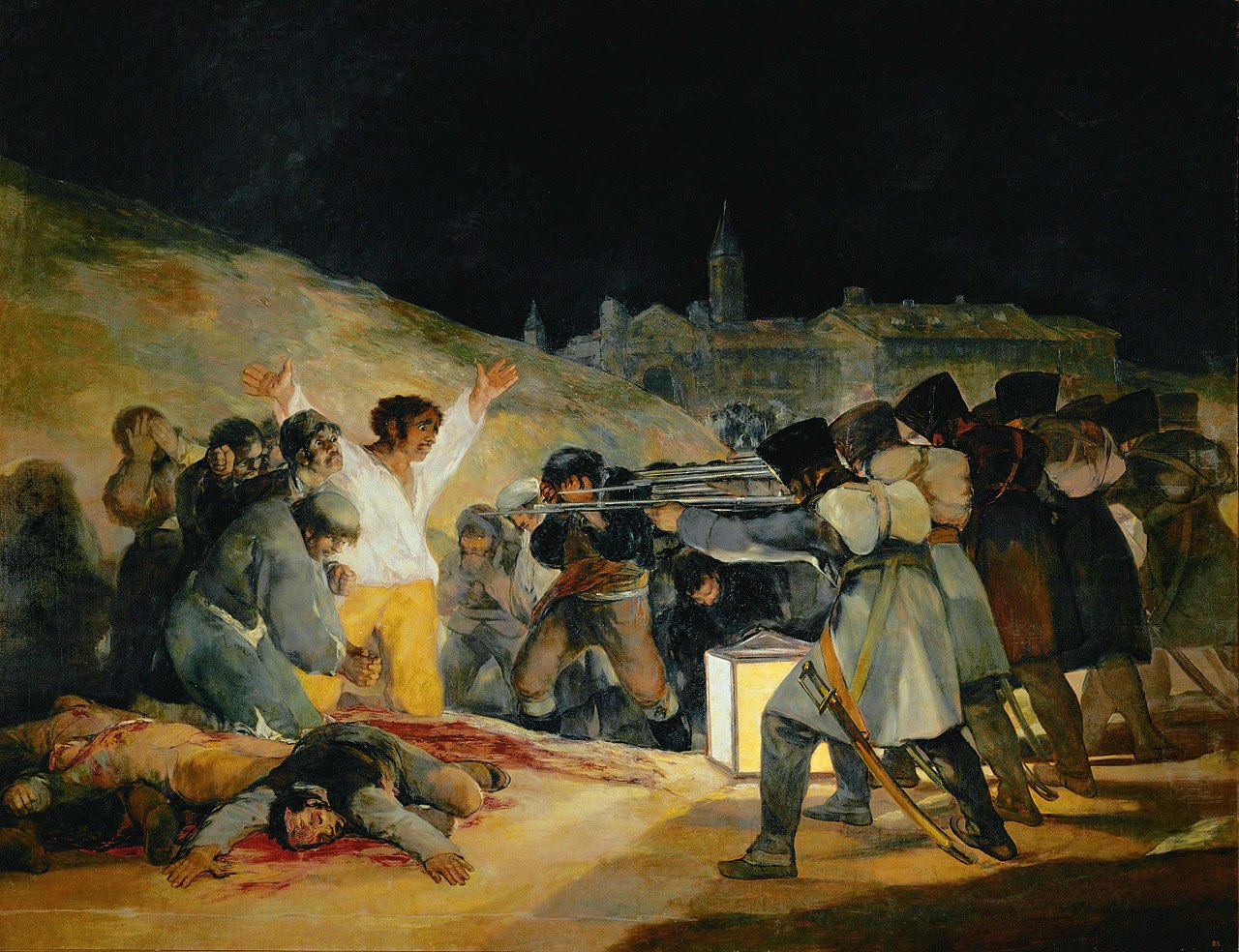 Dramatic scene of French firing squad executing civilians, by Goya.