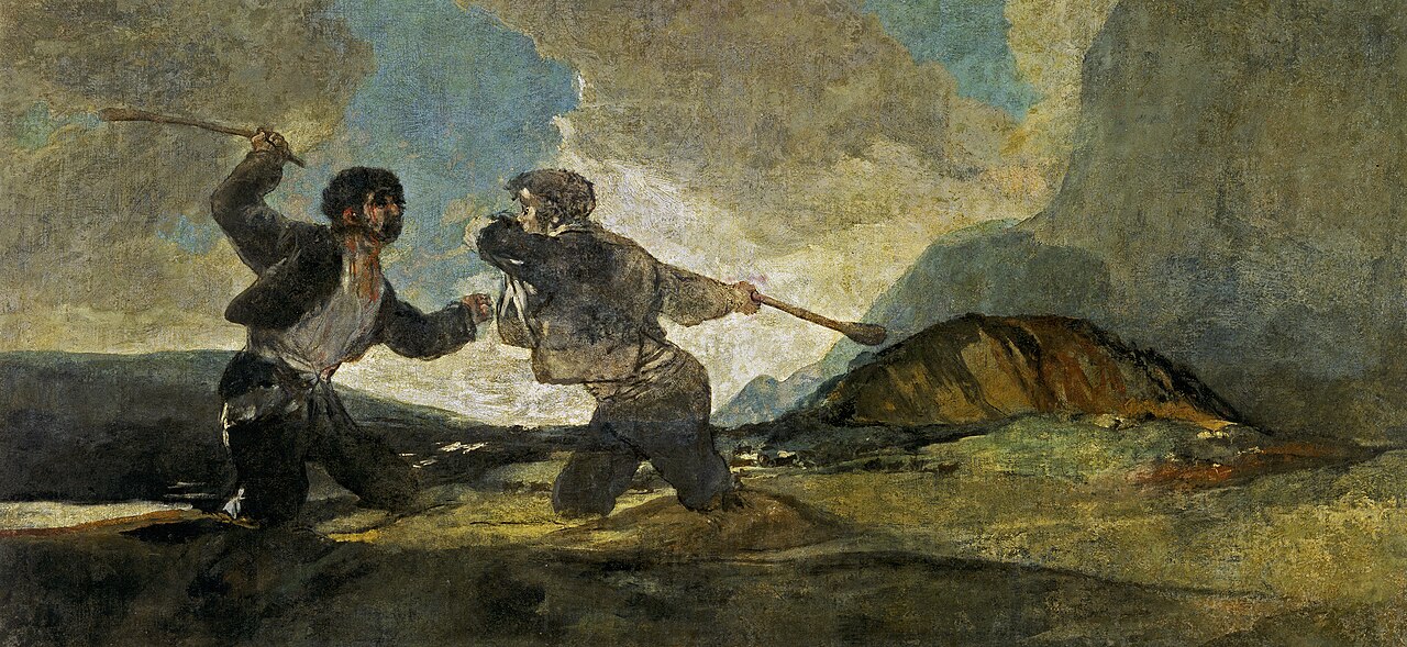 Goya's painting of two men in dramatic postures fighting with clubs.