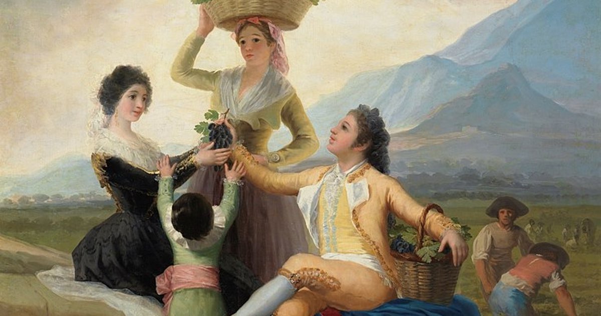 Classical painting of figures harvesting grapes with wealthy family in foreground by Goya.