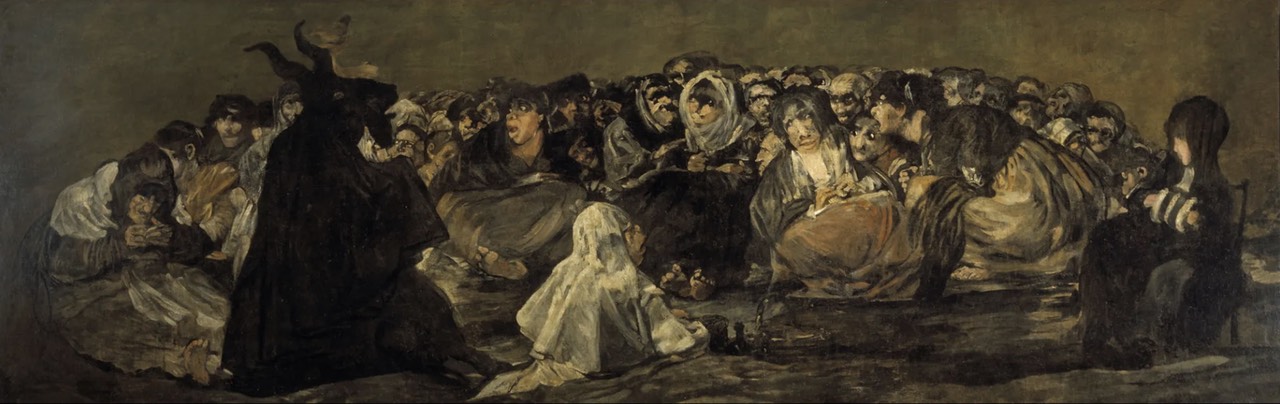 A haunting crowd gathered in darkness, portrayed by Goya, evoking a sense of historical trauma or sorrow.