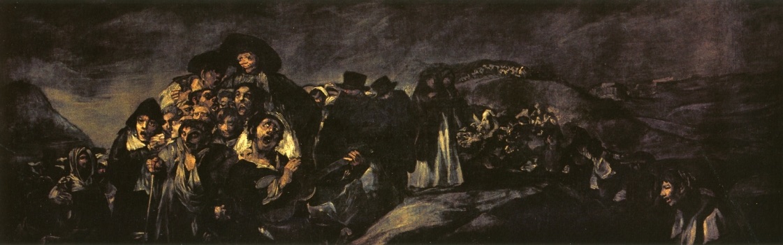 Dark silhouettes against a brooding landscape portray the somber journey in Goya's 'The Pilgrimage of San Isidro'.