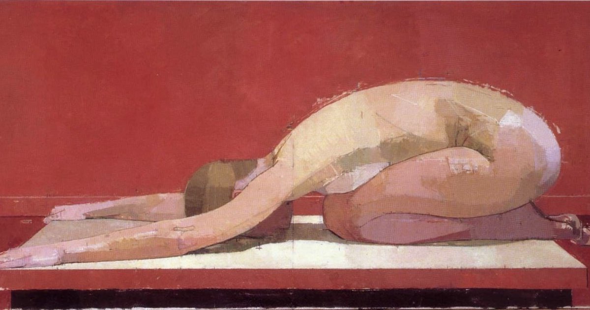 Abstract representation of a resting person, with a stark red backdrop