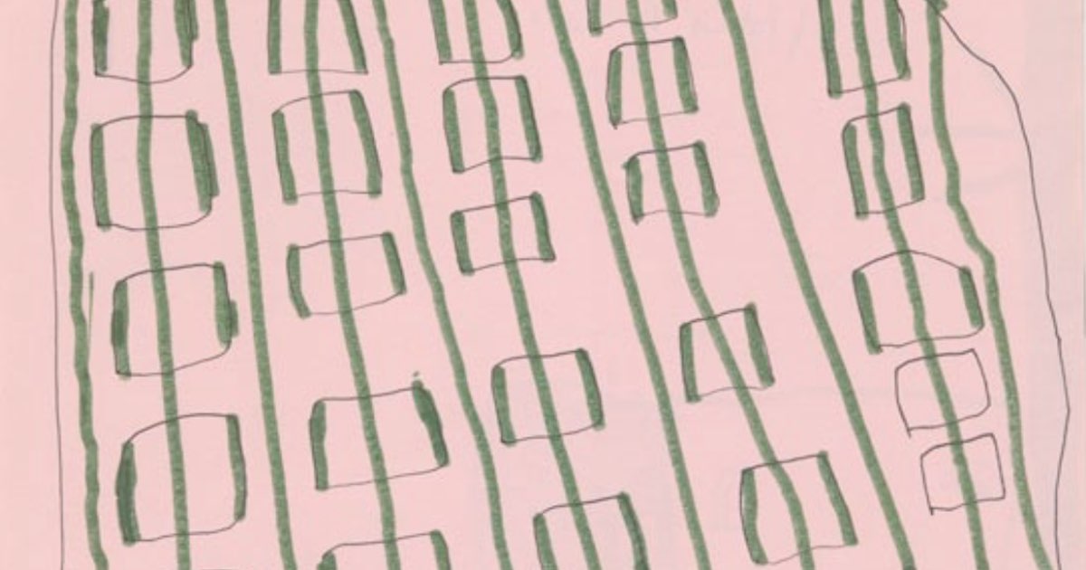 A drawing on pink paper, featuring green irregular vertical and horizontal lines that form a grid-like pattern, with incomplete rectangles scattered throughout the grid.