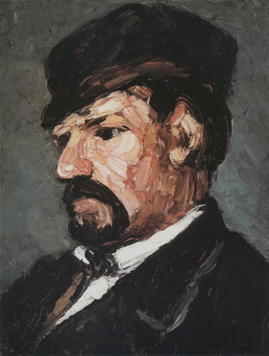 Oil painting of a bearded man in dark attire by Cézanne.