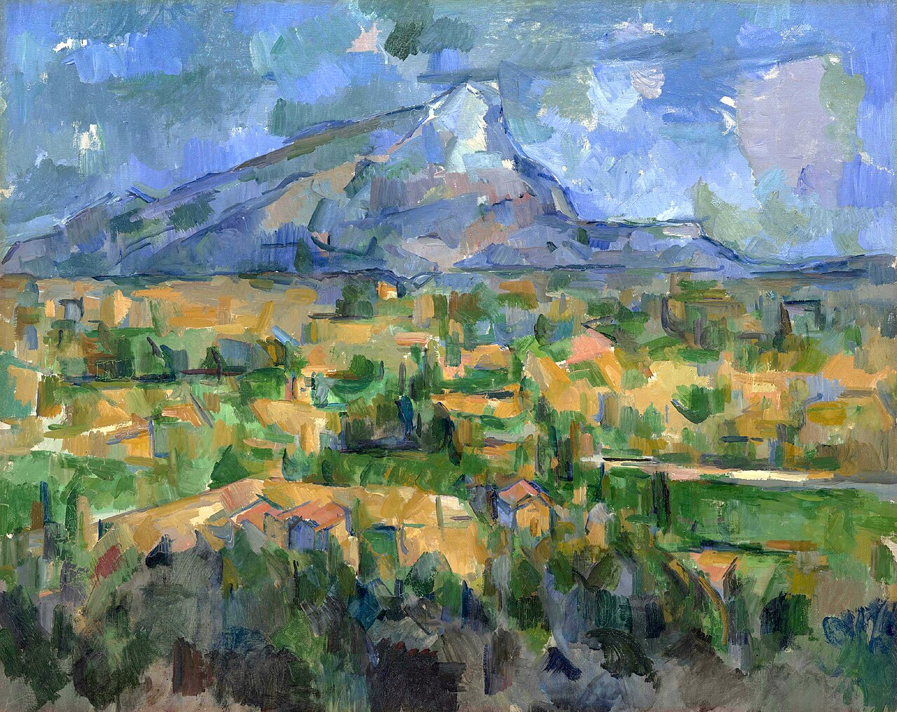 Painting of Mont Sainte-Victoire with bold brushstrokes in blue and yellow tones.