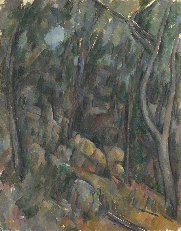 Dense forest scene painted with muted greens and browns.