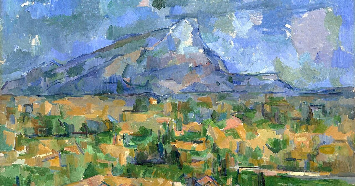 Painting of Mont Sainte-Victoire with bold brushstrokes in blue and yellow tones.