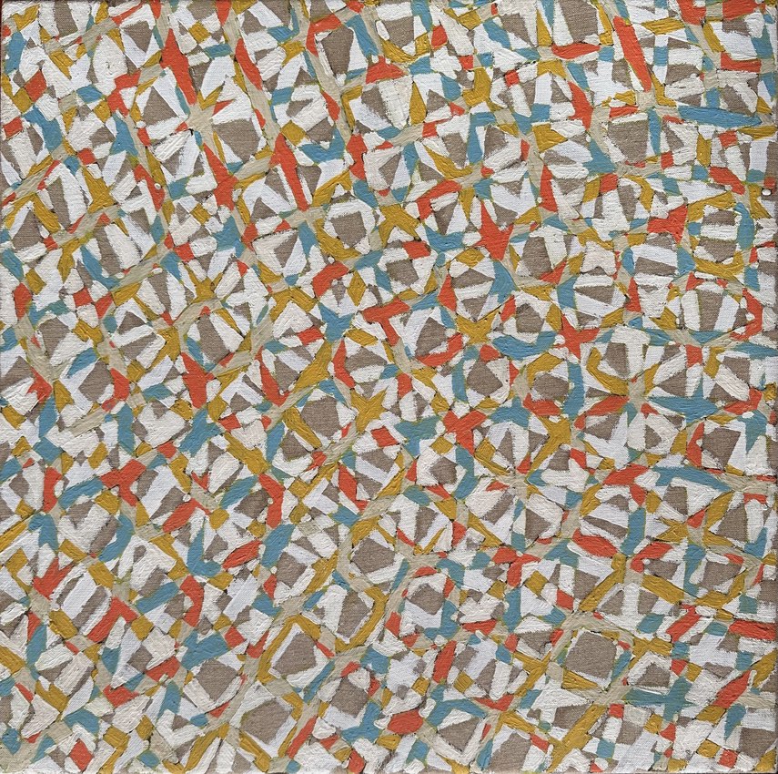 Colorful abstract painting featuring an intricate lattice pattern composed of interlocking shapes in shades of gold, blue, red, and white on a textured canvas, reminiscent of modern art or textile design.