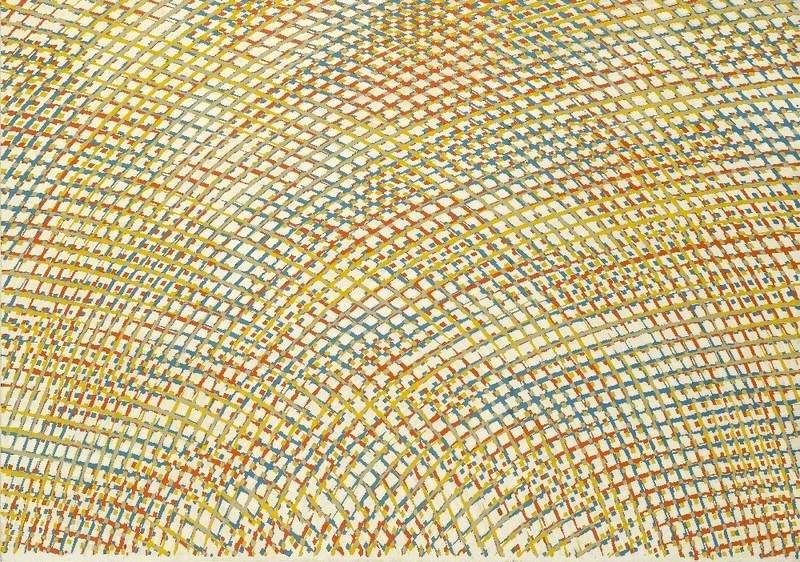 A densely textured painting displaying a tapestry-like array of multicolored, crisscrossing brushstrokes creating a vibrant, woven pattern on the canvas, with warm tones of yellow, red, and blue.