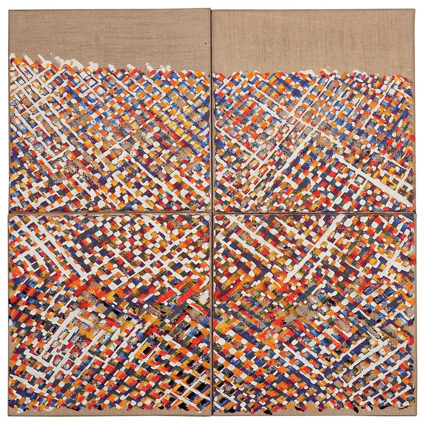 Four-panel artwork forming a quadrant, each featuring a lively abstract pattern of interwoven colors such as blue, red, and white, resembling a vibrant, textured patchwork against a natural linen canvas background.