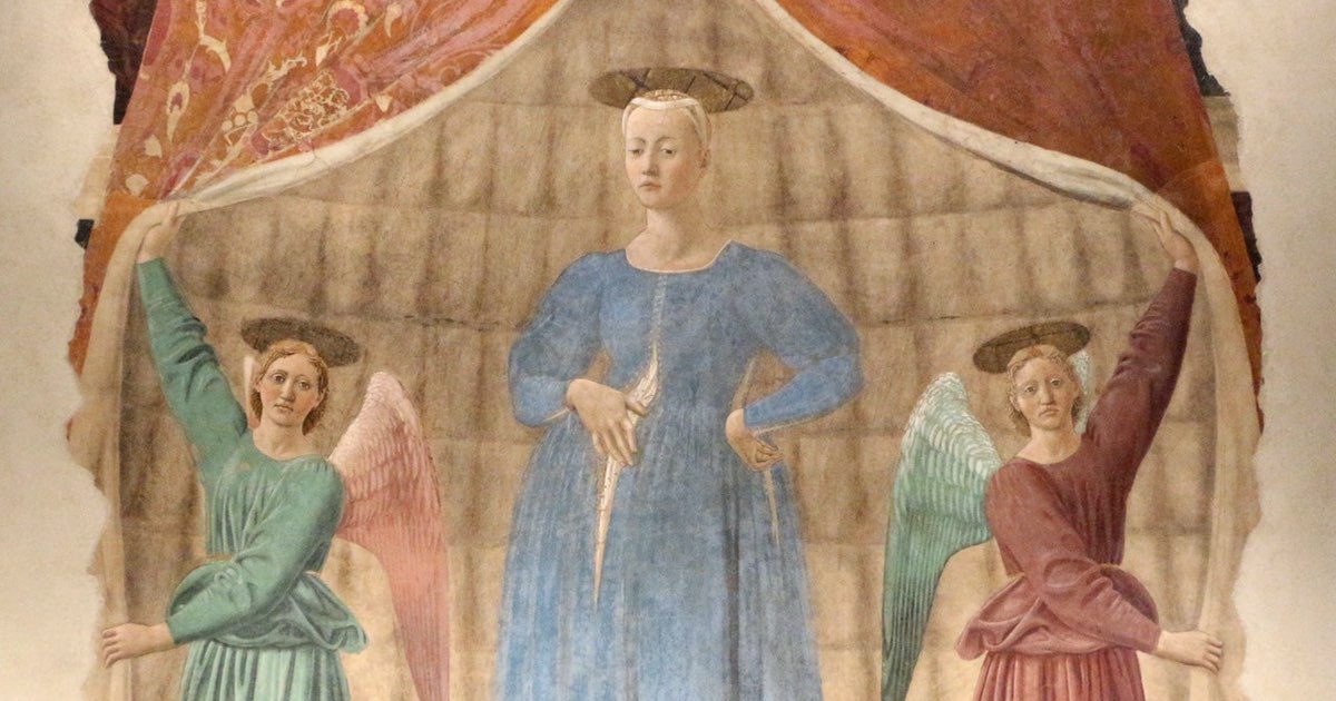 A fresco depicting the Madonna del Parto with two angels holding a tent, in muted earth tones.