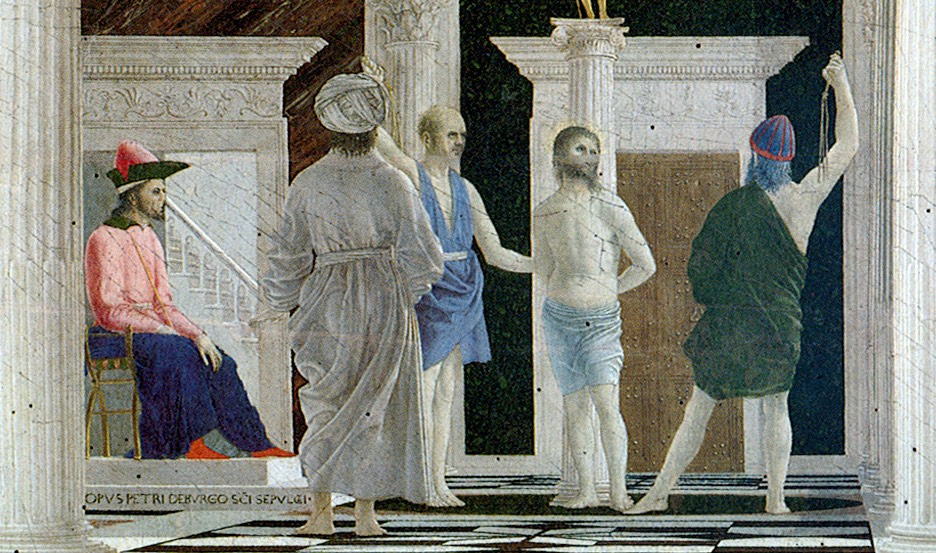 Close-up view of the flagellation in the background of the original painting