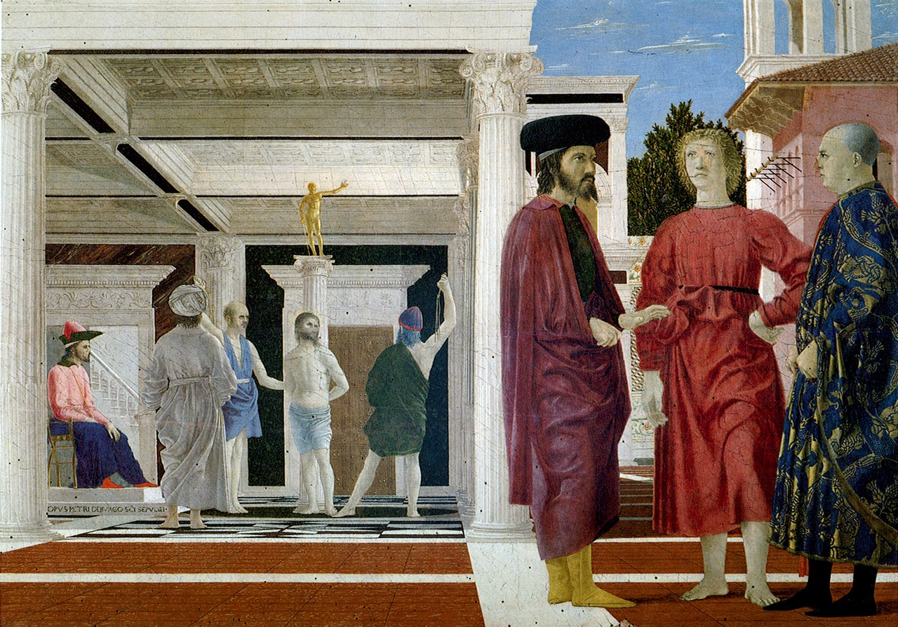 A painting depicting a scene of dialogue in front of a flagellation.