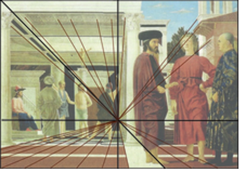 Analysis of perspective lines in a painting, overlaying the original artwork.