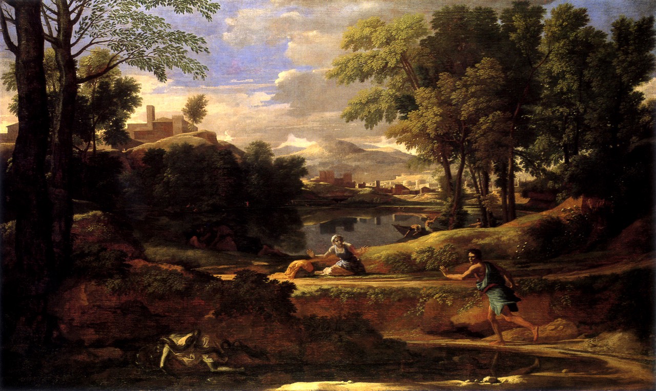 Classical landscape painting with male figure running from a snake and a frightened woman with a city in the background