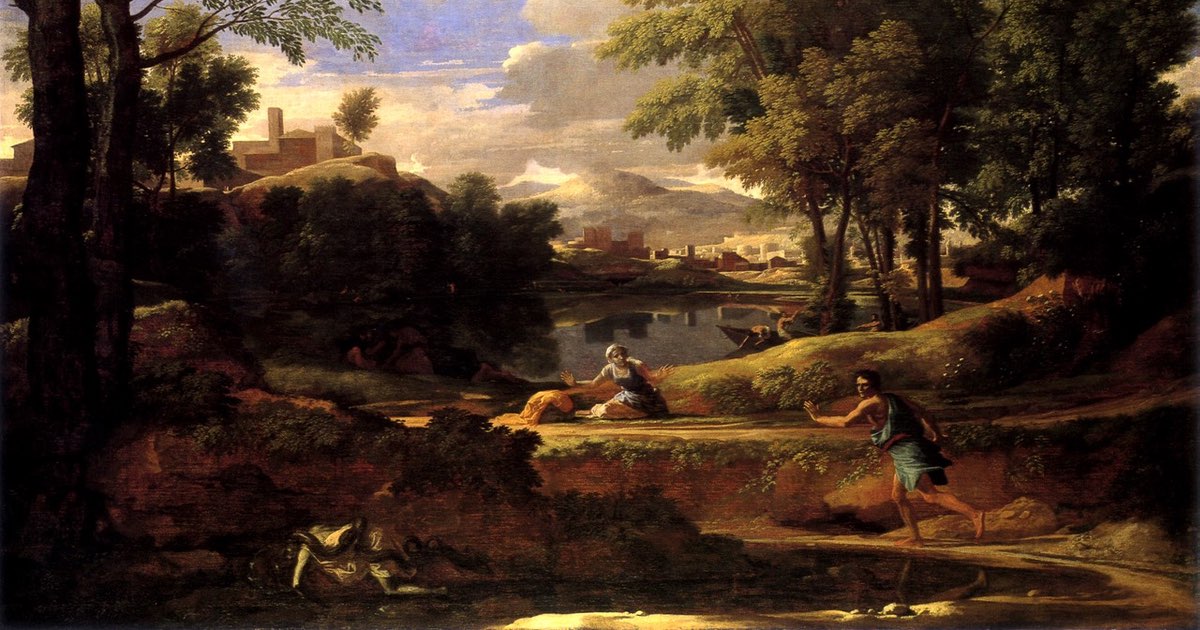 Classical landscape painting with male figure running from a snake and a frightened woman with a city in the background