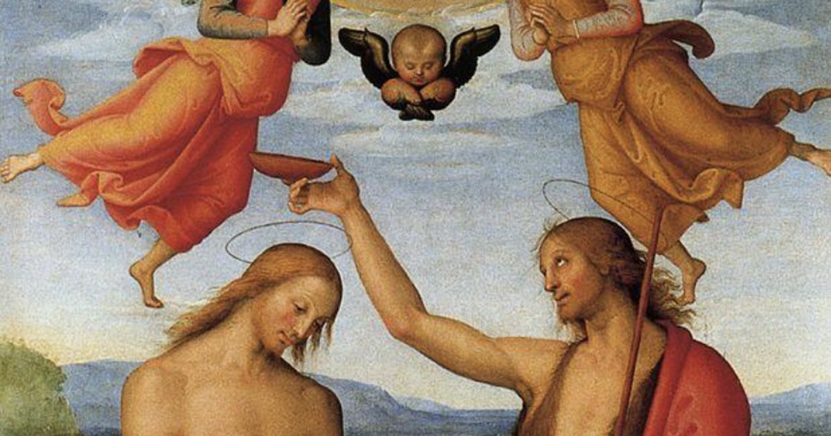 Renaissance art showing John the Baptist baptizing Jesus, with a dove symbolizing the Holy Spirit above.